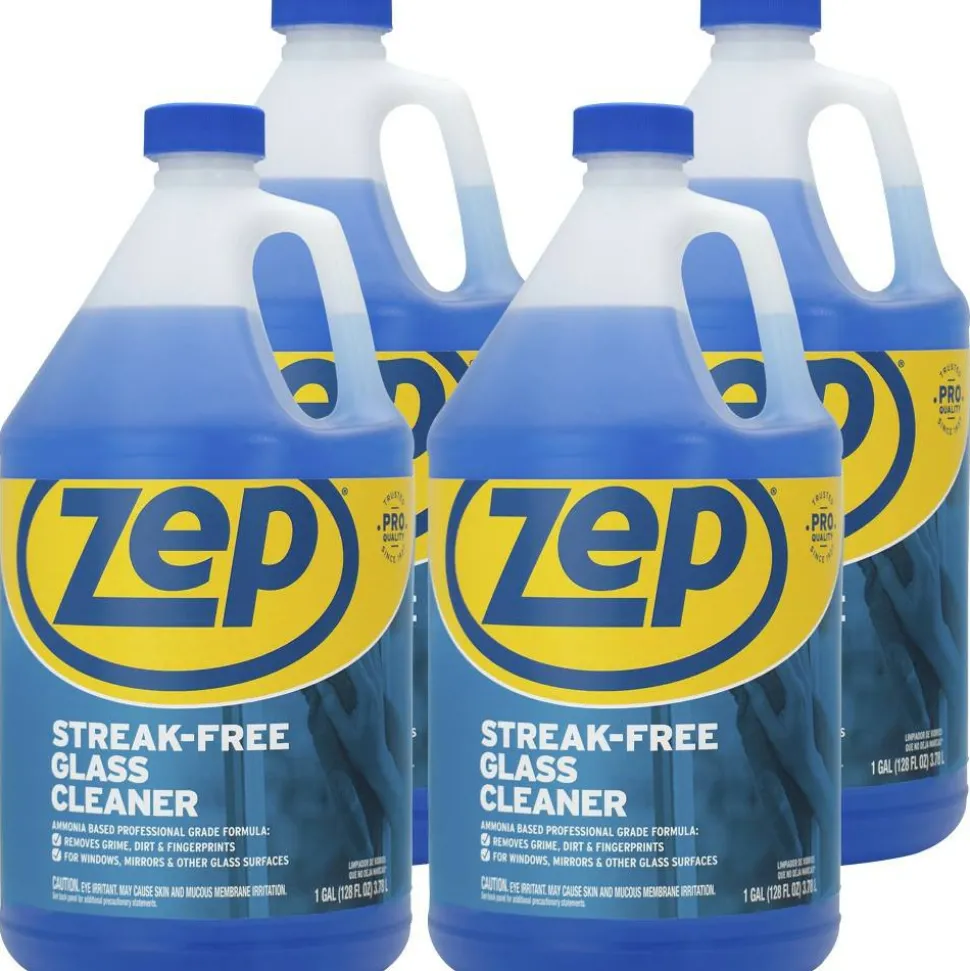 Zep Streak-Free Liquid Glass Cleaner, 128 Oz Bottle, Blue, Box Of 4