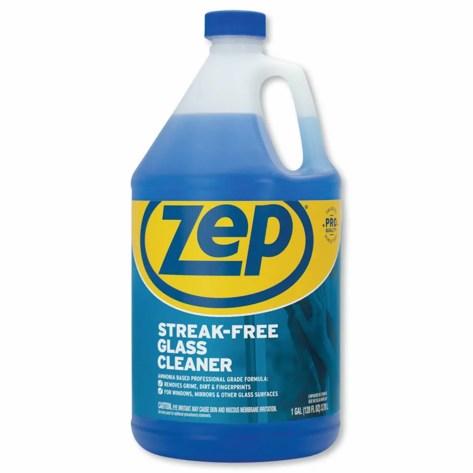Zep Streak-Free Liquid Glass Cleaner, 128 Oz Bottle, Blue, Box Of 4