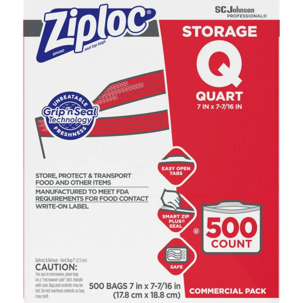 Ziploc Double Zipper Storage Bags, Quart, 7" x 7.75", Clear, 500/Box