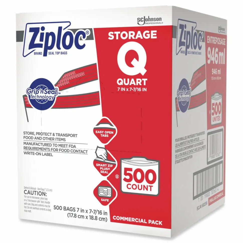 Ziploc Double Zipper Storage Bags, Quart, 7" x 7.75", Clear, 500/Box