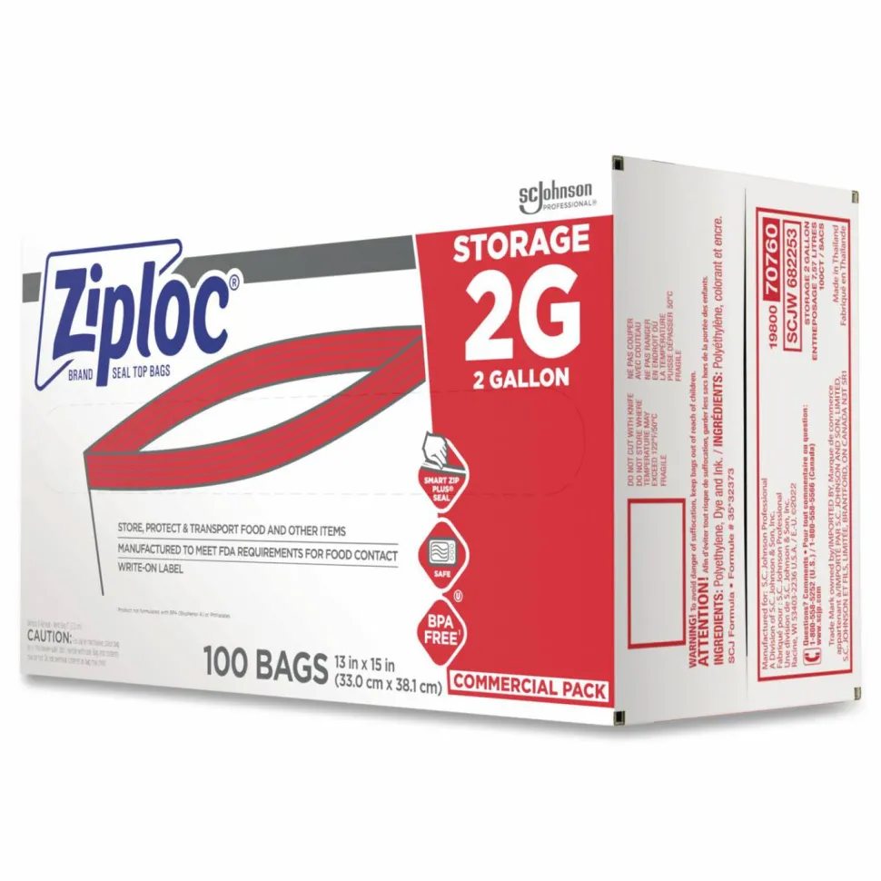 Ziploc Double Zipper Storage Bags, 2 Gallon, 15" x 13", Clear, 100/Carton