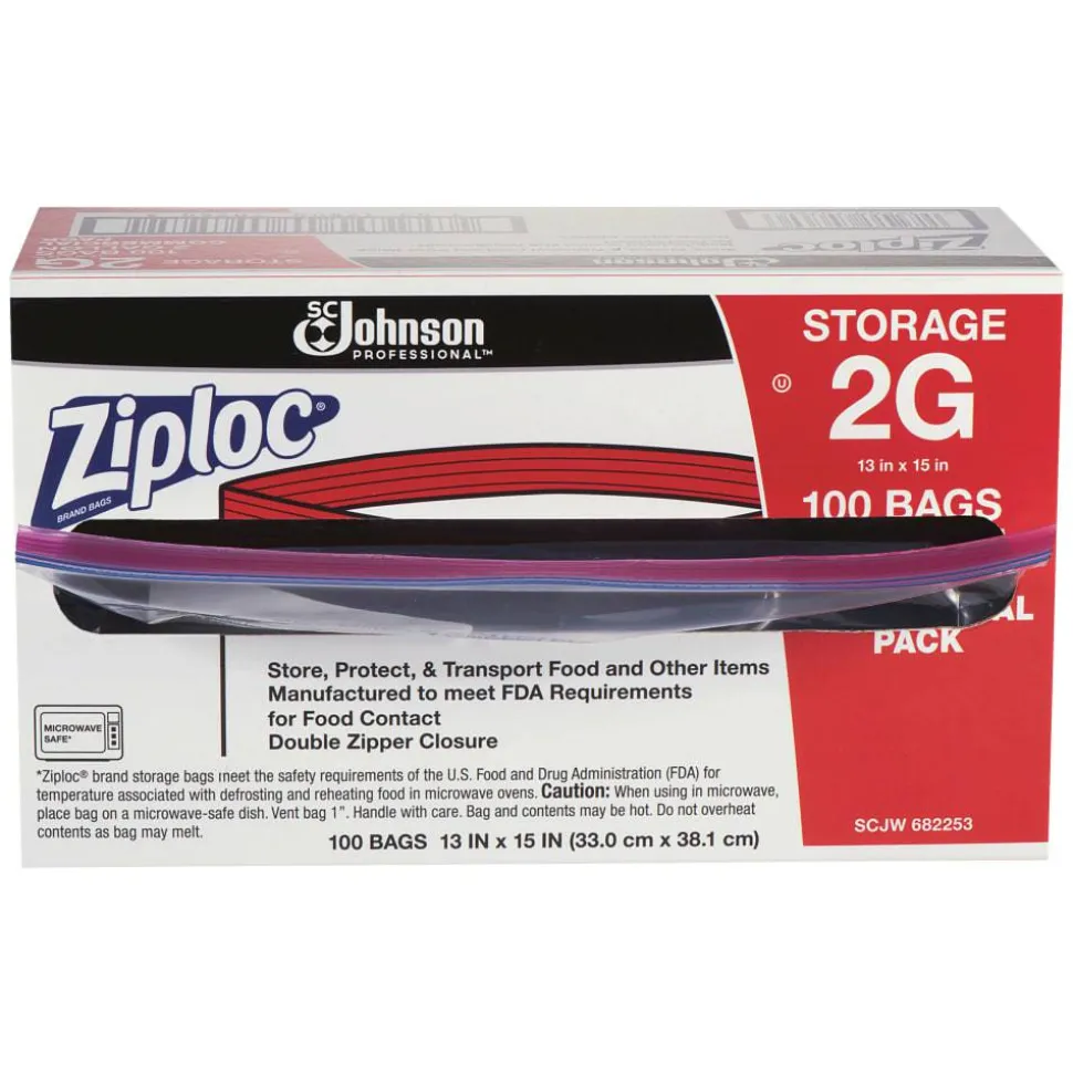 Ziploc Double Zipper Storage Bags, 2 Gallon, 15" x 13", Clear, 100/Carton