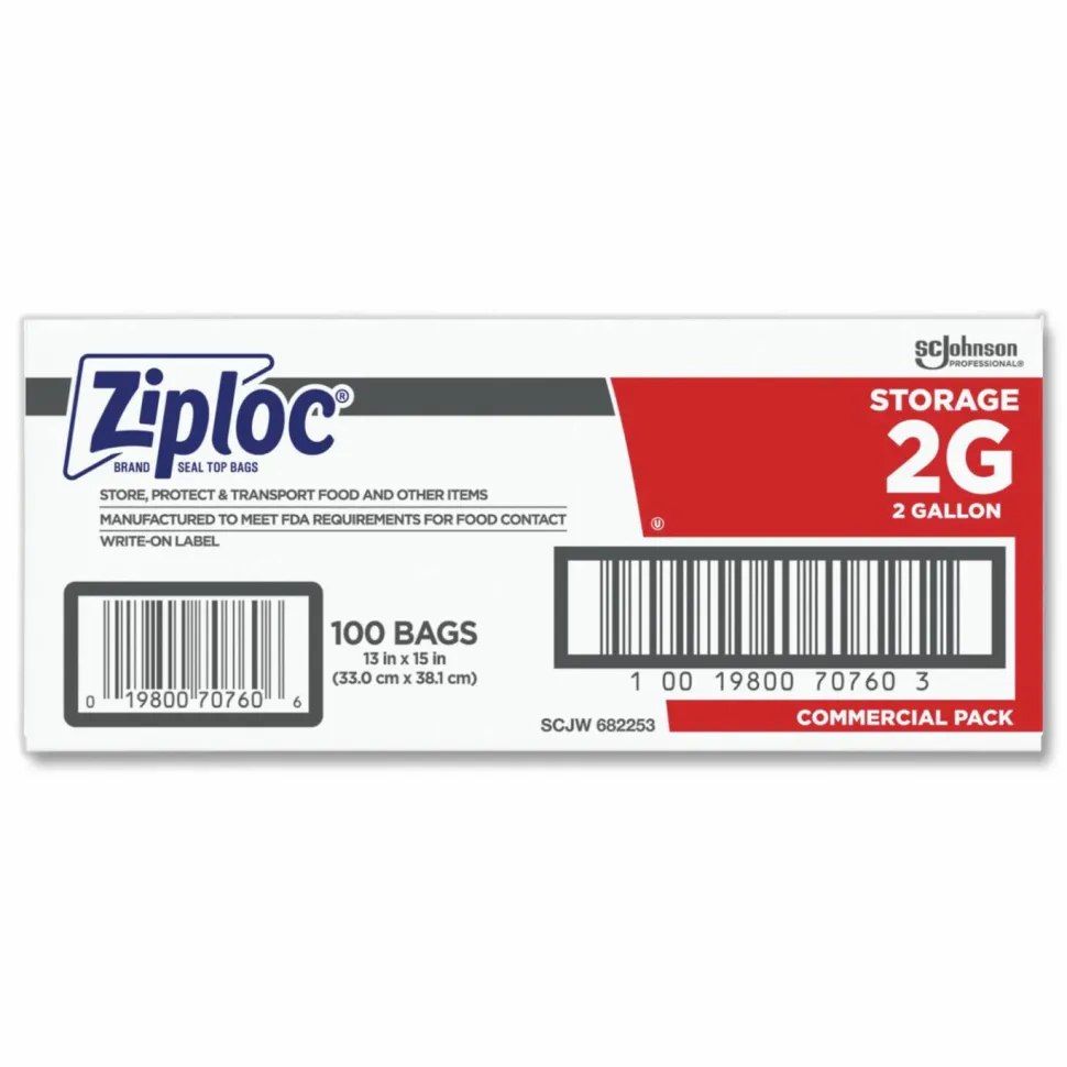 Ziploc Double Zipper Storage Bags, 2 Gallon, 15" x 13", Clear, 100/Carton