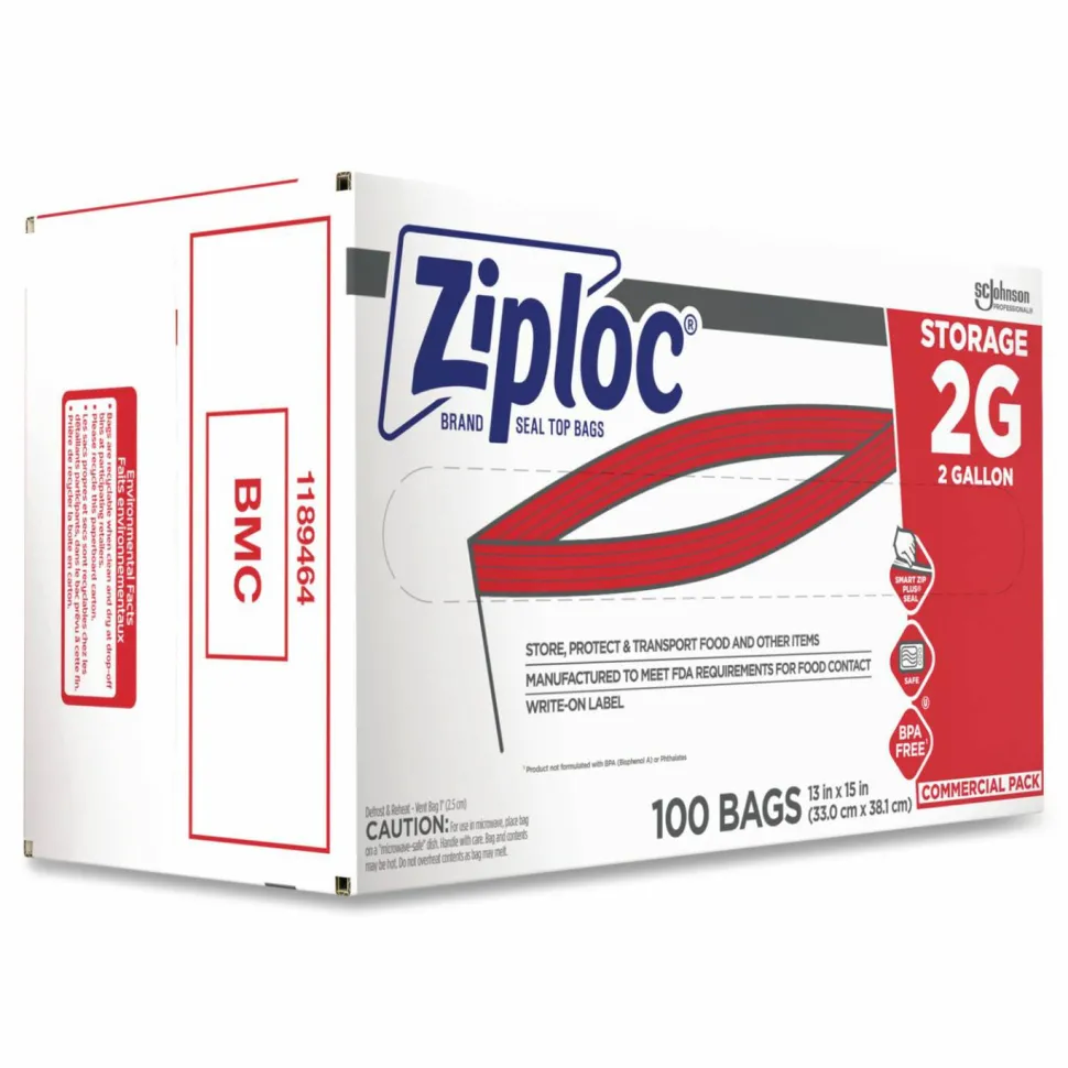 Ziploc Double Zipper Storage Bags, 2 Gallon, 15" x 13", Clear, 100/Carton